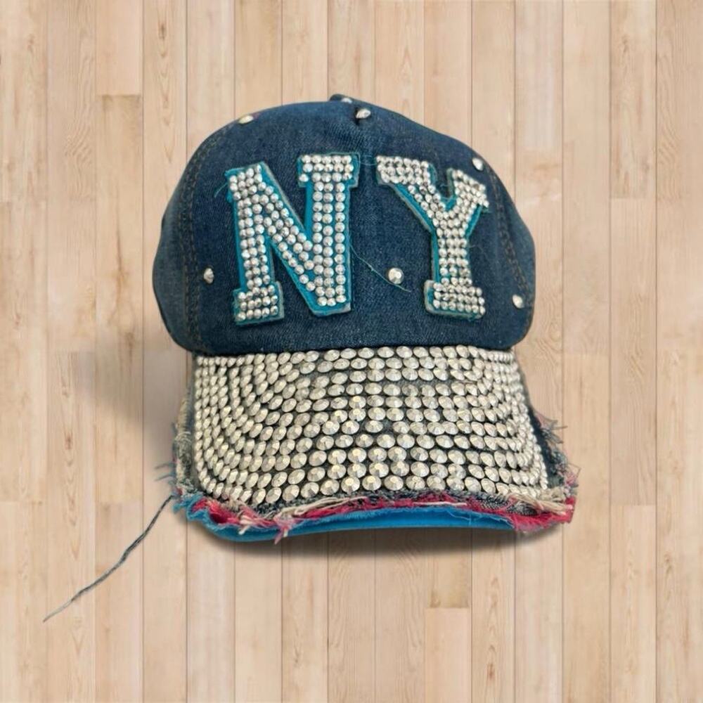New York NY Blue Jean Cap Hat Blue Womens Adjustable Bedazzled Bling Studs Y2K